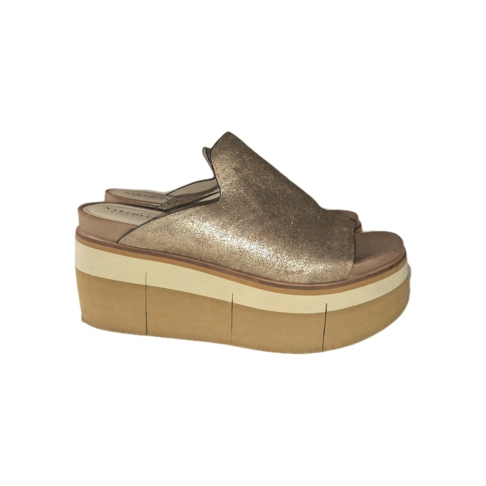 NakedFeet Sandals Women's size 8.5 Flow Gold Leather Slip On Platform Shoes